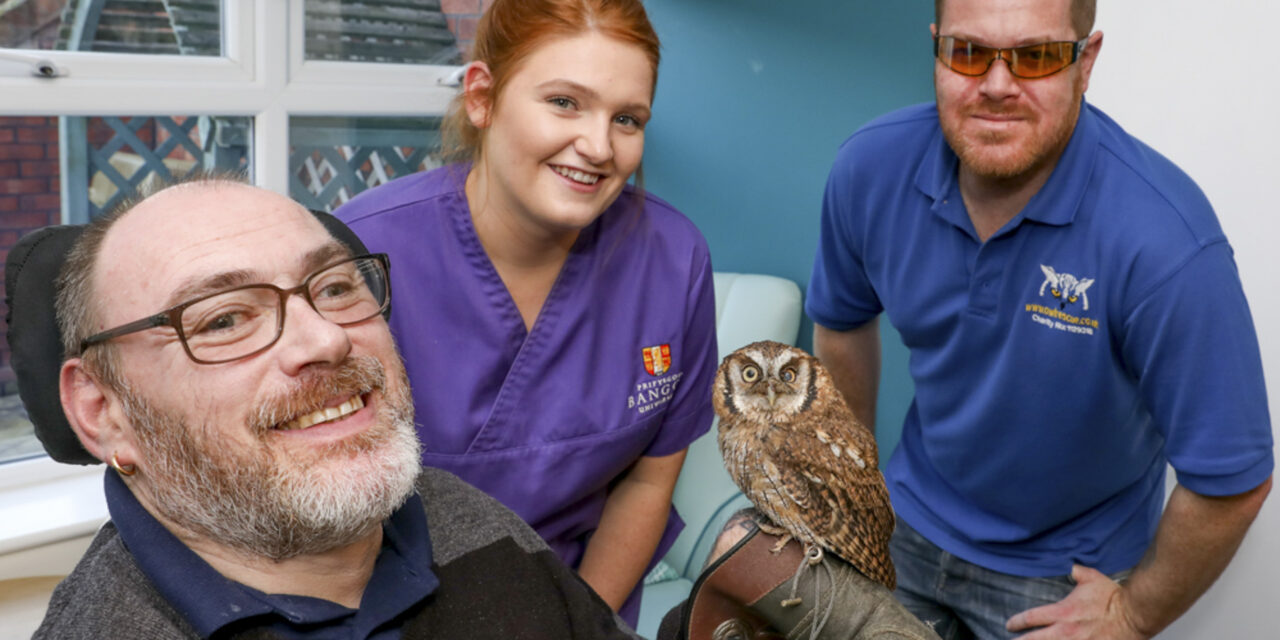 Care home residents have a hoot thanks to flying visit by rescued owls Aqua and Cheeky Chops