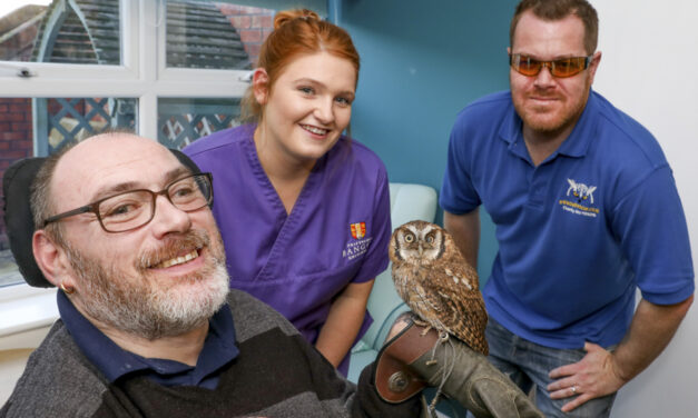 Care home residents have a hoot thanks to flying visit by rescued owls Aqua and Cheeky Chops