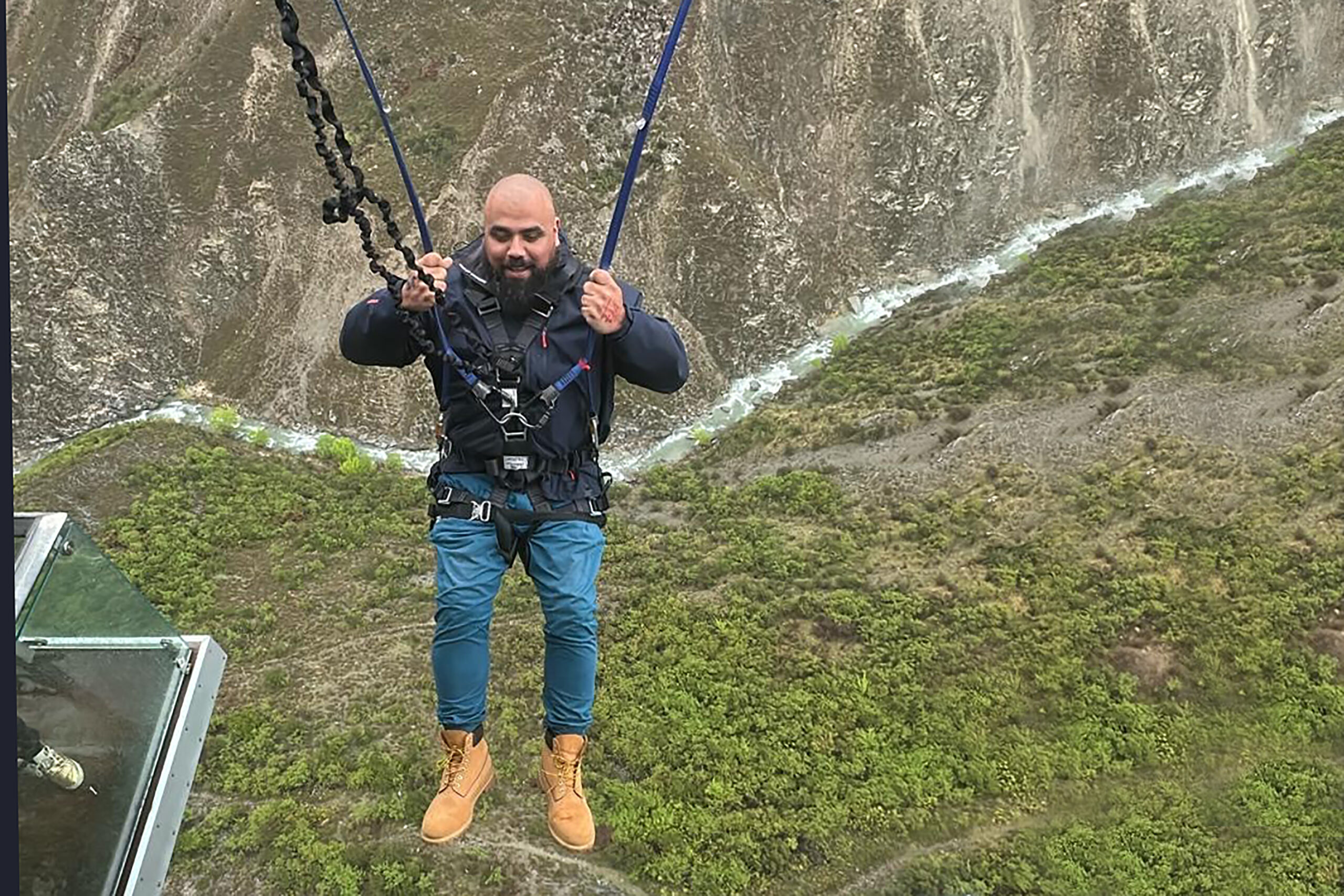 Heart-stopping moment fearless TV chef Chris flies through the air at 75mph on world’s biggest swing